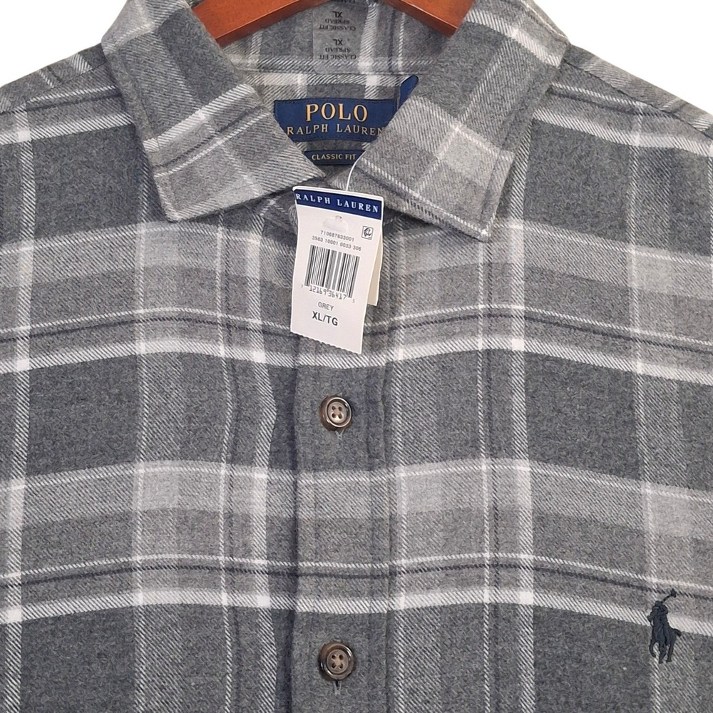 Polo Ralph Lauren Flannel Shirt Mens XL Grey Plaid Classic Fit Cotton - Picture 4 of 10